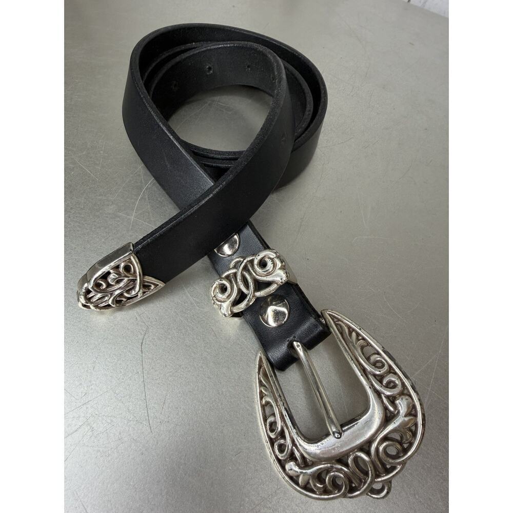 Renaissance Medieval Western Scroll Silver & Black Leather Belt Approx 32-37in
